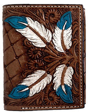 Load image into Gallery viewer, Western Brown Floral Tooled with Feathers Leather Tri-Fold Wallet