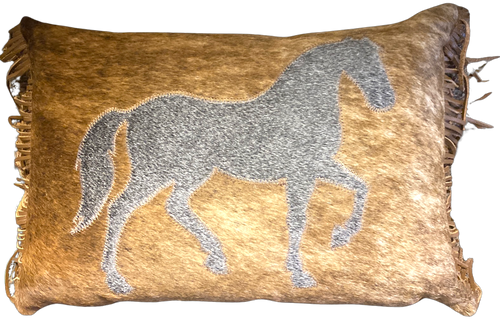 Brazilian Cowhide Horse Pillow with Fringe