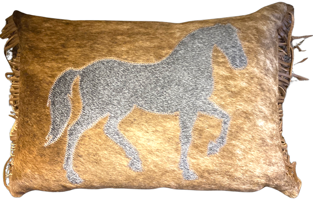 Brazilian Cowhide Horse Pillow with Fringe