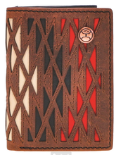 Load image into Gallery viewer, &quot;Chapawee&quot; Laser Cut Aztec Print Leather Tri-Fold Wallet with Black / Red / Ivory Inlay and Hooey Logo Rivet