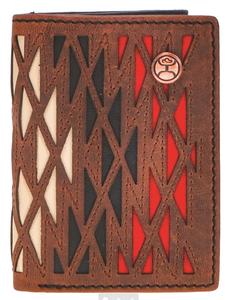 "Chapawee" Laser Cut Aztec Print Leather Tri-Fold Wallet with Black / Red / Ivory Inlay and Hooey Logo Rivet