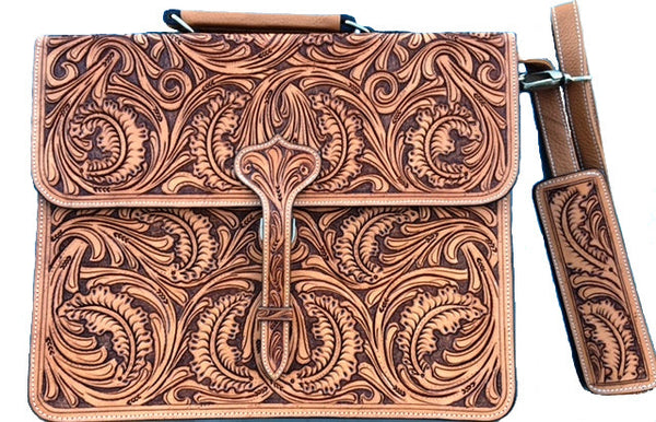 Western Natural Tooled Briefcase Laptop Bag Wild West Living