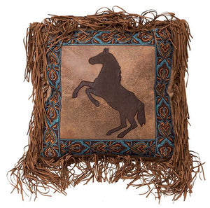 Rearing Horse Faux Leather Fringe Pillow 18 x 18