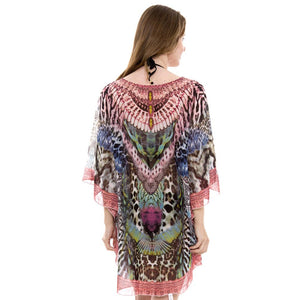 Mixed Print Topper/ Cover-Up / Poncho with Rhinestone Studded