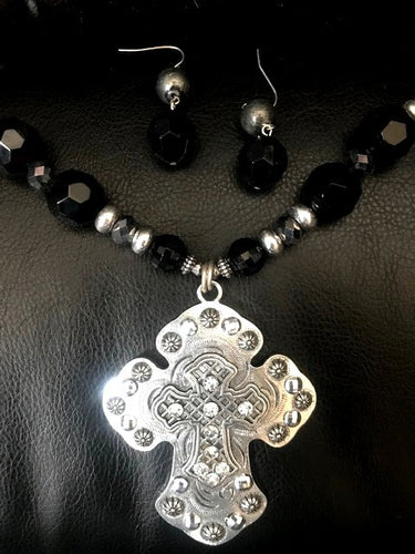 Western Silver Cross Necklace & Earrings