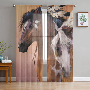 War Horses Watercolor Painting Tulle Sheer Window Curtains