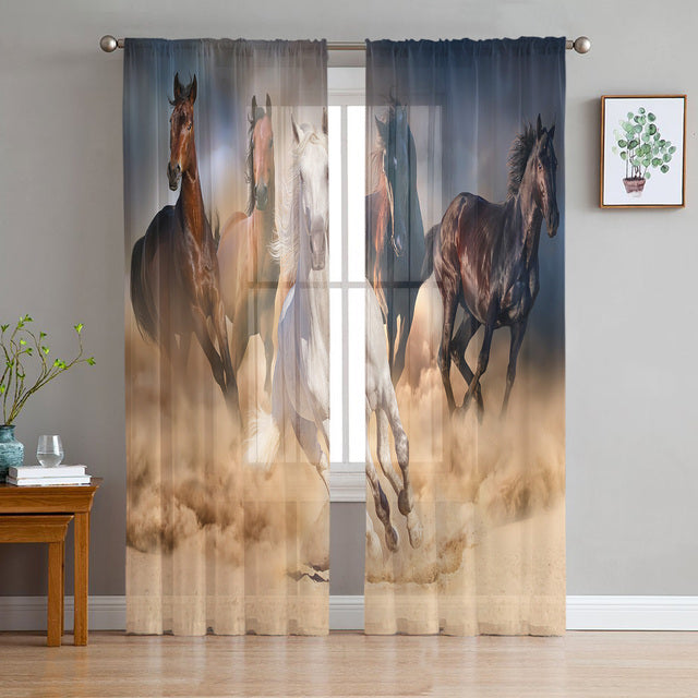 Running Horses Watercolor Painting Tulle Sheer Window Curtains