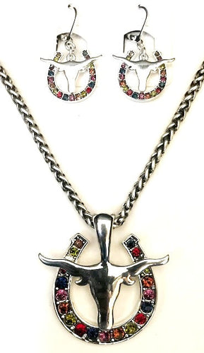Western Silver Longhorn & Multi-Colored Horseshoe Necklcase and Earrings