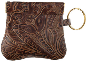 Floral Brown Tooled Leather Squeeze Coin Purse