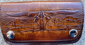 Western Longhorn & Desert Scene Brown Leather Chain Wallet - Made in the USA!