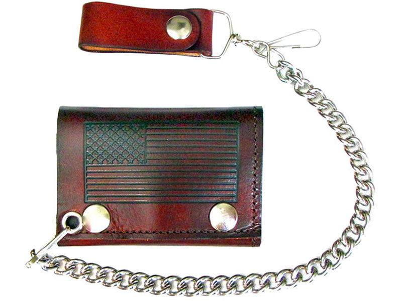 Western USA Flag Brown Leather Chain Wallet - Made in the USA!