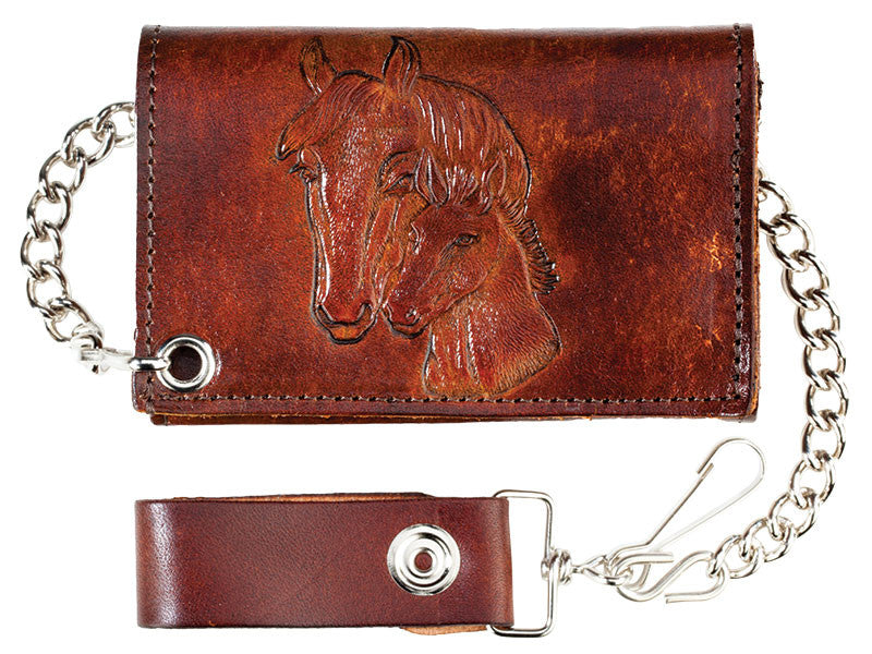 Antique Leather Trifold Wallet with Chain and Horses (Made In The USA)
