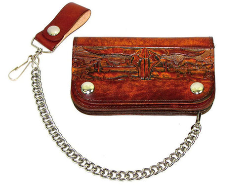 Western Longhorn & Desert Scene Brown Leather Chain Wallet - Made in the USA!