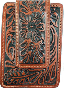 Brown Tooled Leather Magnetic Money Clip
