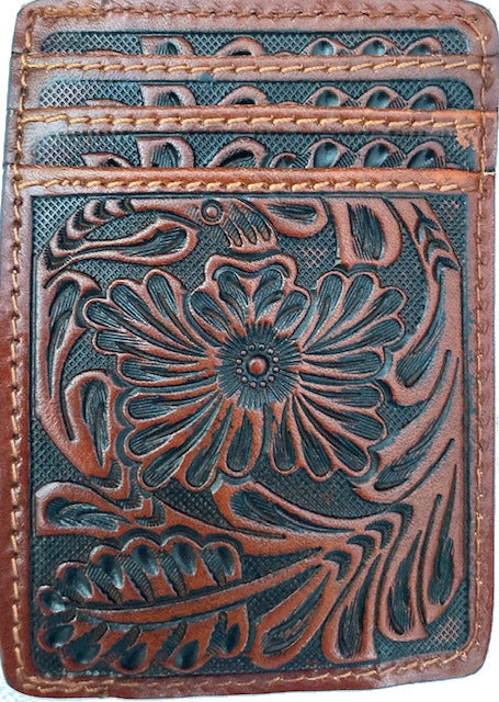 Brown Tooled Leather Magnetic Money Clip