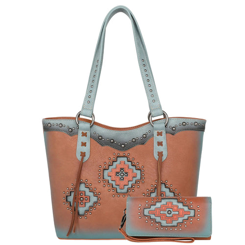 Western Cut-out Aztec Concealed Carry Tote with Matching Wallet - Choose From 3 Colors!