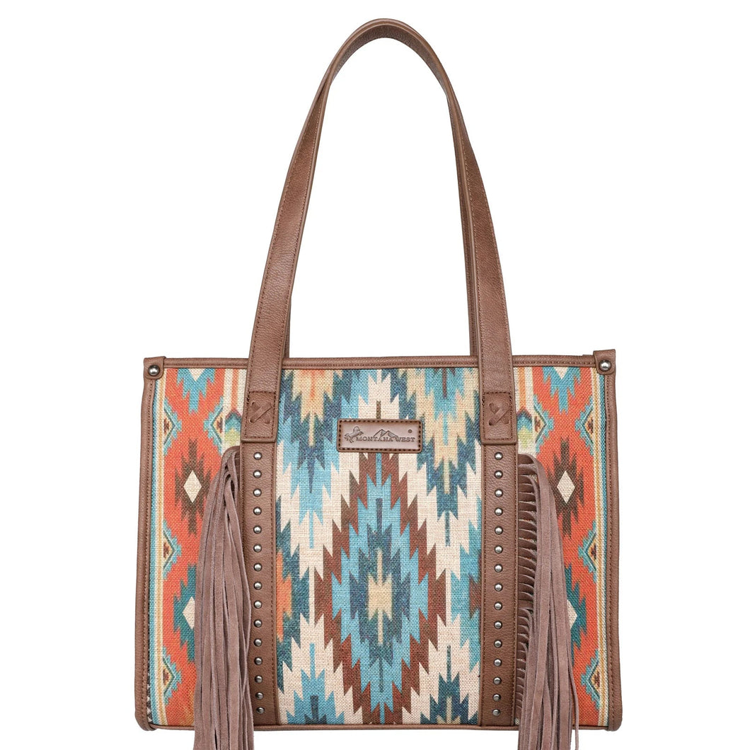 Western Aztec Double Sided Print Fringe Tote