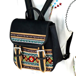 Aztec Leather & Denim Backpack - Turquoise