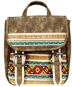 Aztec Leather & Denim Backpack - Brown