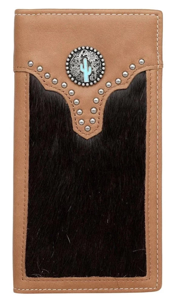 Western Leather & Hair-On Rodeo Wallet with Turquoise Cactus Concho