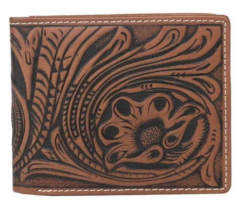 Leather Tooled Leather Bi-Fold Wallet with Basketweave Back