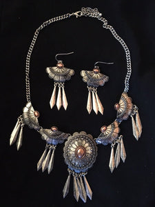 Western Silver & Copper Necklace & Earrings with Feathers