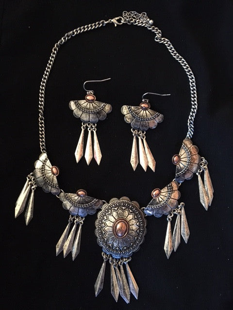 Western Silver & Copper Necklace & Earrings with Feathers