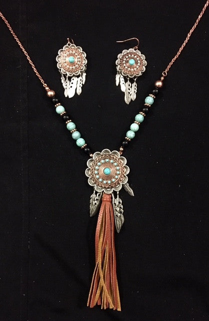 Western Copper & Turquoise Concho Necklace with Tassel and Matching Earrings