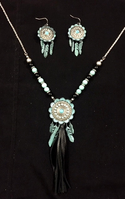 Western Silver & Turquoise Concho Necklace with Tassel and Matching Ea ...