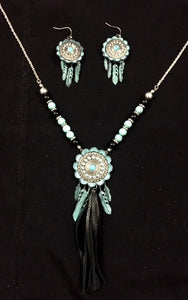 Western Silver & Turquoise Concho Necklace with Tassel and Matching Earrings