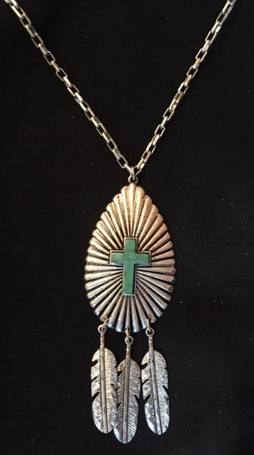 Western Silver Necklace with Feathers & Turquoise Cross