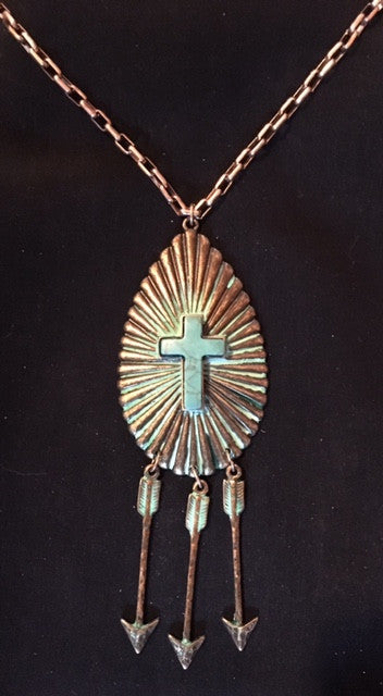 Western Copper Necklace with Arrows & Turquoise Cross
