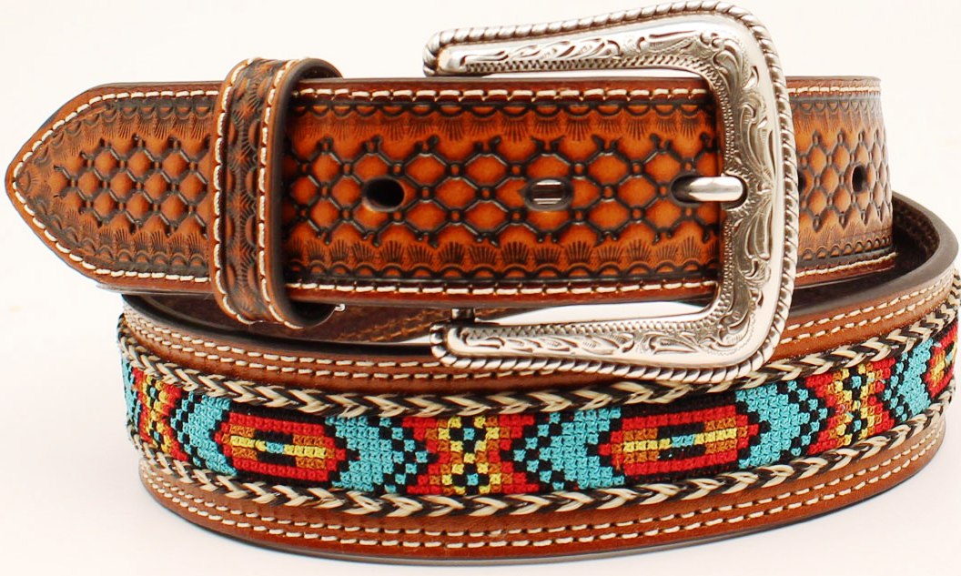 Men's Belt with Embossed Tabs and Multi Colored Ribbon Center  1-1/2