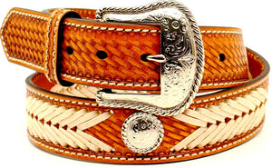 Men's Natural Leather Belt with Chevron Lacing and Silver Conchos