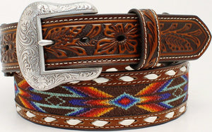 Men's Aztec Buck Laced Ribbon Inlay Leather 1-1/2" Belt by Nocona