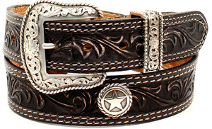 "San Antonio" Men's Western Black Tooled Leather Belt with Star Conchos (1-1/2") - Size 38