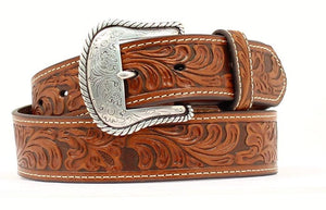 Men's Tan Floral Embossed Leather Belt  - 1-1/2" Wide