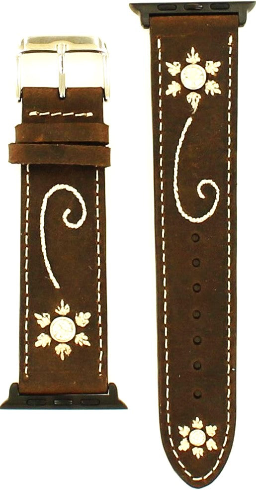 Western Brown Tooled iWatch Band with Embroidered Flowers