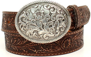 Ladies' "Belle Forche" Western Brown Tooled Belt with Silver Buckle