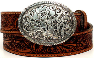 Ladies' "Belle Forche" Western Tan Tooled Belt with Silver Buckle