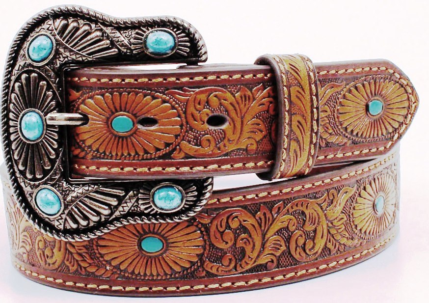Ladies' Western Brown Tooled Belt with Turquoise Stones