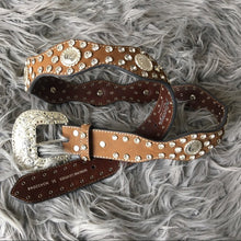 Load image into Gallery viewer, Western Scalloped Distressed Brown Belt Leather Concho Rhinestones