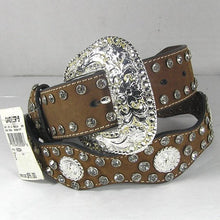 Load image into Gallery viewer, Western Scalloped Distressed Brown Belt Leather Concho Rhinestones