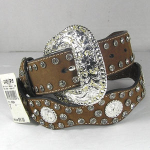 Western Scalloped Distressed Brown Belt Leather Concho Rhinestones