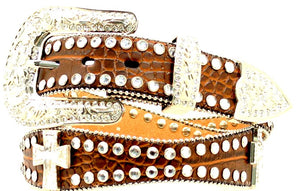 Ladies' Western Brown Croc Belt with Silver Buckle and Cross Conchos