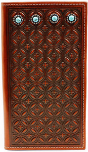 Diamond Pattern Embossed Leather Rodeo Wallet with Turquoise Stones