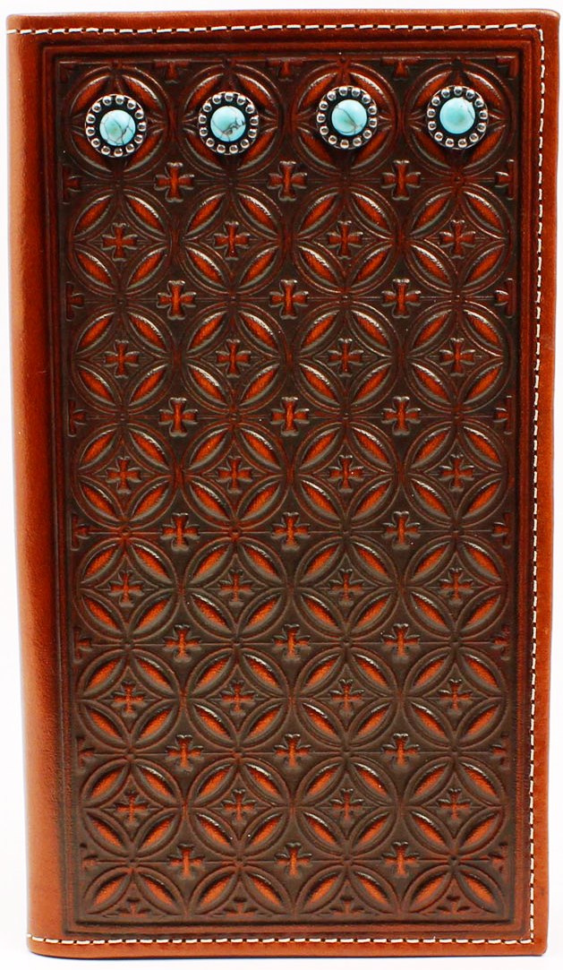 Diamond Pattern Embossed Leather Rodeo Wallet with Turquoise Stones