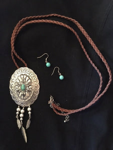 Western Oval Silver and Turquoise Concho Necklace and Earrings