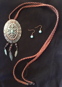 Western Oval Burnished Copper and Turquoise Concho Necklace and Earrings