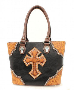 Black & Tan Tooled Tote with Cross